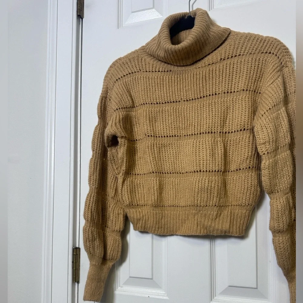 FCT With Love Camel Ribbed Knit Cropped Turtleneck Sweater Size Small - Picture 3 of 7